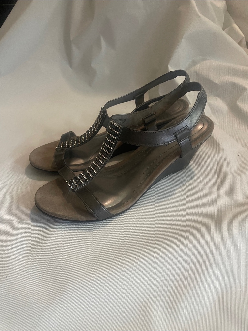comfort plus by Predictions Pewter T-Strap Wedge Sandals with Rhinestones